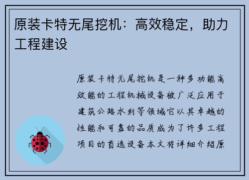 原装卡特无尾挖机：高效稳定，助力工程建设